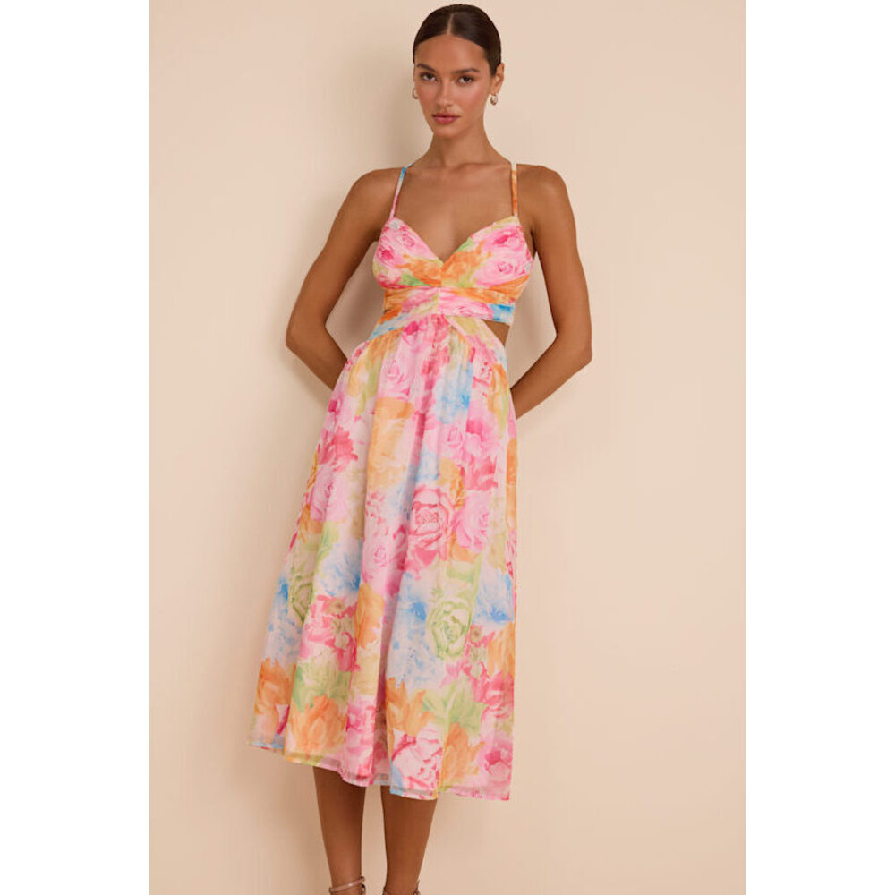 NWT• Lulus Multi colored Floral Lace-up Midi Dress - Size SMALL